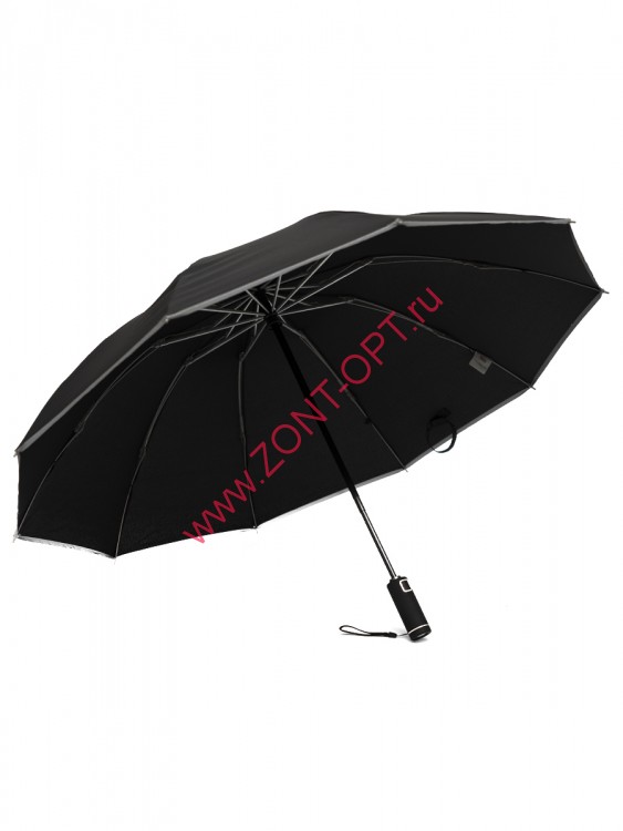 Зонт наоборот черный с светоотражающей лентой и фонариком